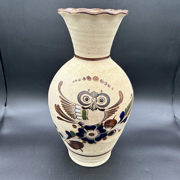 Vtg Tonala Mexican Pottery Vase Owl Floral Sandstone Folk Art Mexico Signed Lrg - Picture 1 of 9